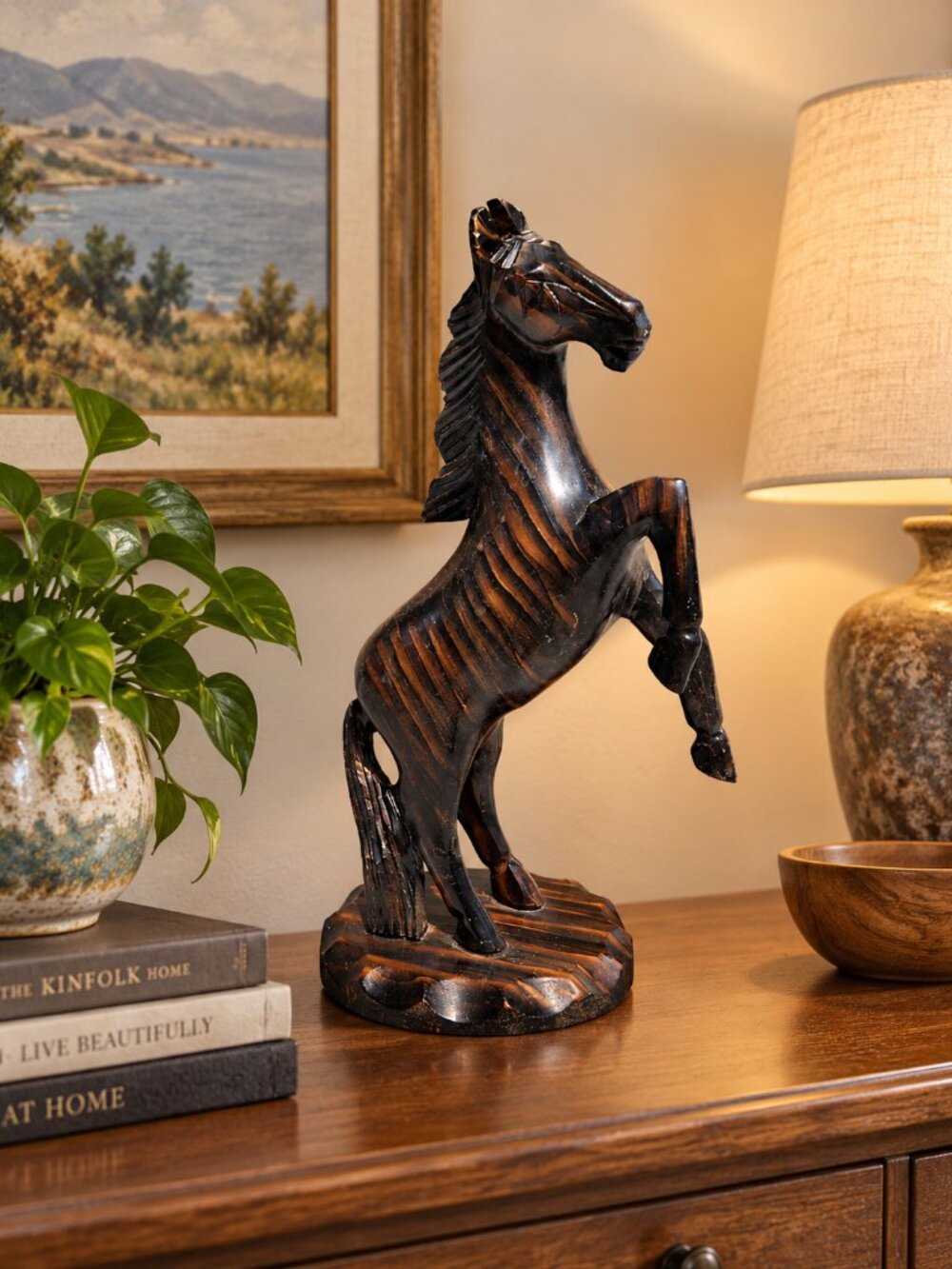 15" Vintage Hand-Carved Wooden Rearing Horse Statue Figure Wood Home Decor Appr